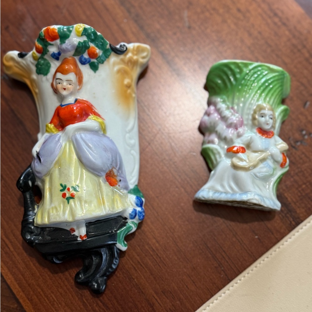 Vintage Ceramic Lady Wall Pockets - Colorful Hand-Painted Pair